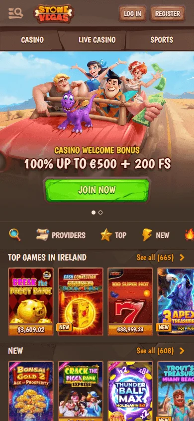 Stonevegas Casino mobile browser home view for Australian players