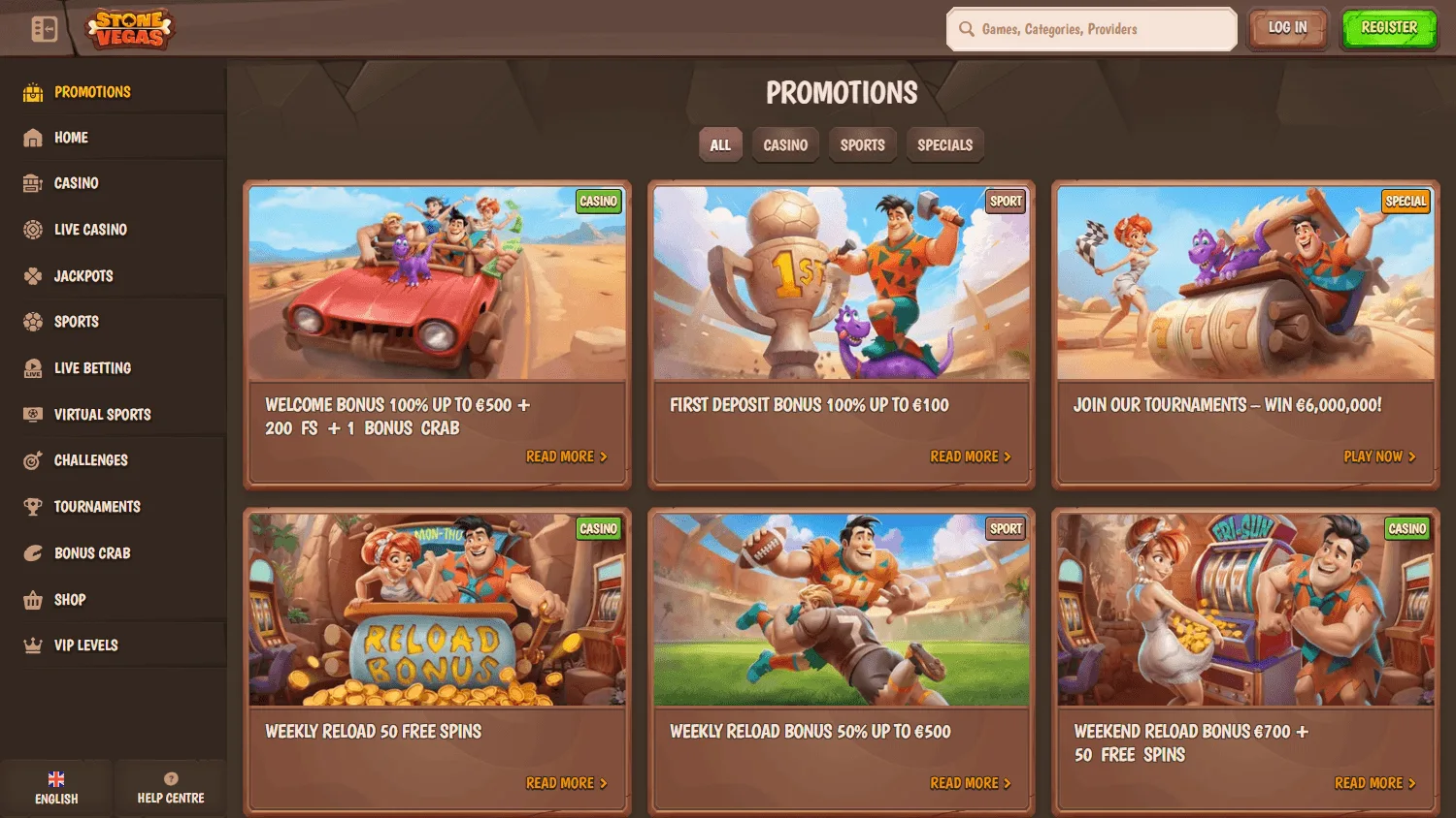 Stonevegas Casino desktop promotions view with welcome and ongoing offers