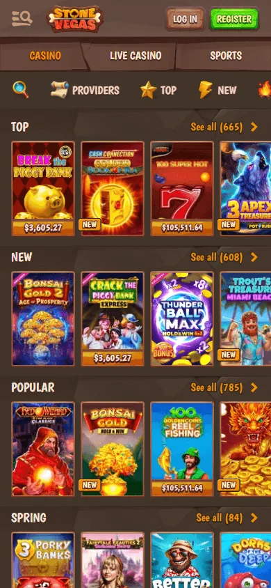 Stonevegas Casino mobile browser games view with casino categories