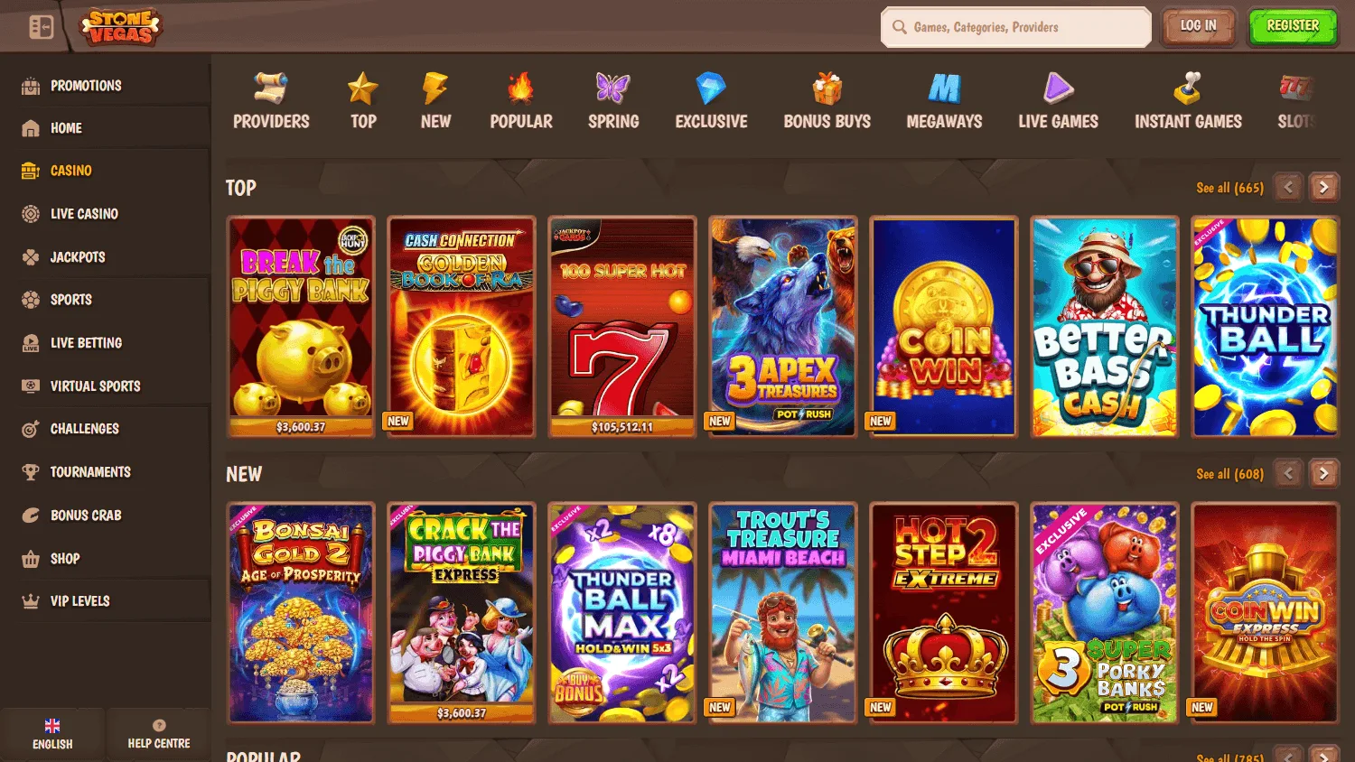 Stonevegas Casino desktop games view with casino categories and titles
