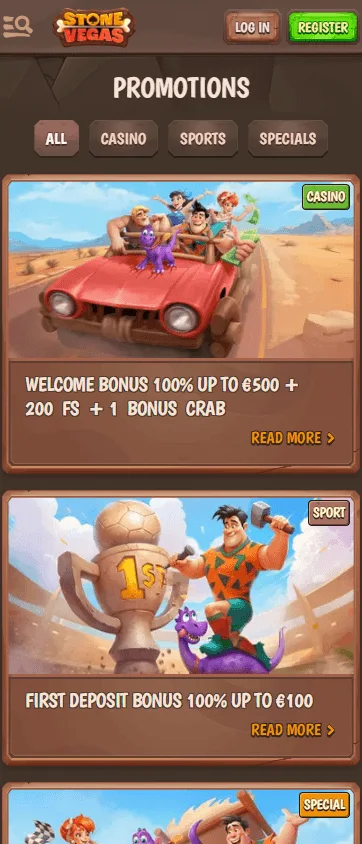 Stonevegas Casino mobile browser promotions view with available offers