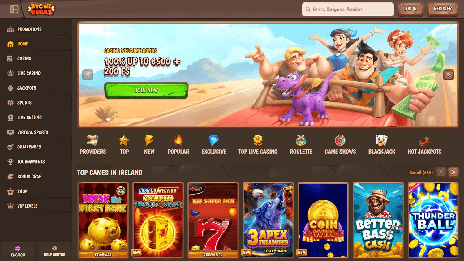 Stonevegas Casino desktop home view with casino, sports and account features